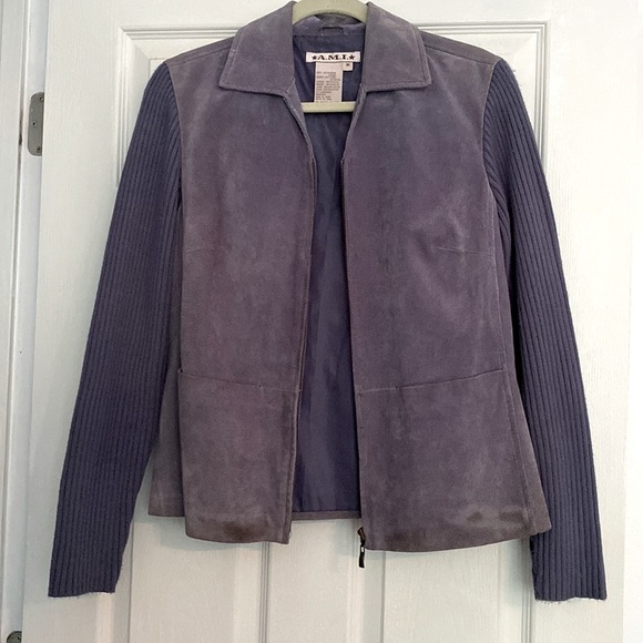 A.M.I. Genuine Leather Jacket with Knit Sweater Sleeves In Lavender Haze Grey - Picture 1 of 6